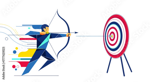 Archer Aiming at Target in Dynamic Graphic Design, Colorful Environment, Creative Viewpoint, Modern Concept