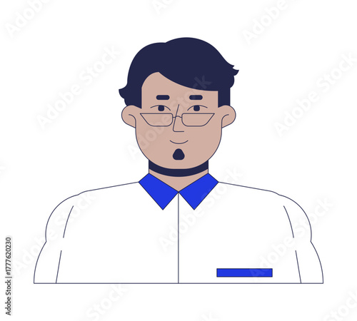 Arab male white-collar employee with glasses 2D avatar human face. Middle eastern office worker with neat beard cartoon illustration character portrait isolated. Flat user profile color image