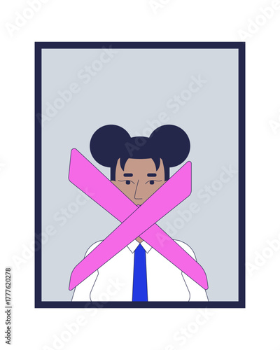 Rejected avatar of black woman employee with space buns 2D cartoon character. African american corporate female crossed out with x flat vector person isolated on white. Spot illustration colorful