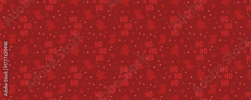 Seamless red Christmas pattern with gingerbread men, stockings, stars, snow, and text HO HO HO repeated across background. Cute vector illustration for Christmas and winter holidays