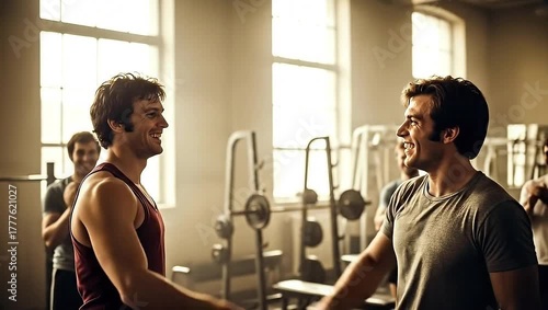 Two Fit Male Athletes Share a Victorious High-Five Celebrating Success in a Sunlit Gym