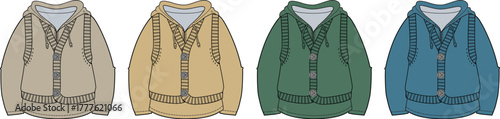 Vector illustration set of four cozy button-up cardigan sweaters in a varied color palette. Classic unisex knitwear fashion apparel concept