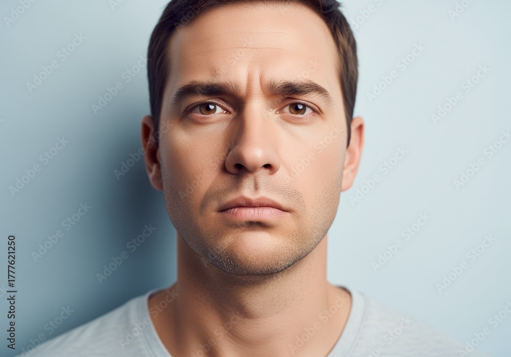 Fototapeta premium Unimpressed man making a reluctant face standing against light blue wall casual outfit expressive headshot