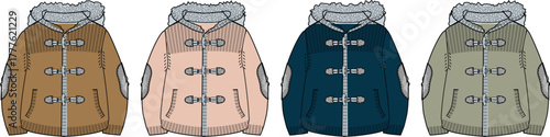 Four colorful hooded coats with toggle closures in different shades brown, pink, blue, and green