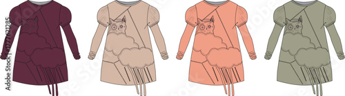Fashion design concept for a modern tunic dress with a cute llama graphic, patchwork style, and fringe hem, presented in multiple color options
