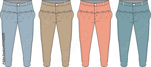 Fashionable pants variations in different colors blue, brown, coral, and teal. Ideal for design