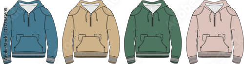 Collection of stylish long-sleeved pullover hoodies in a range of trending colors, featuring front pockets and drawstrings, perfect for casual wear and fashion design concepts