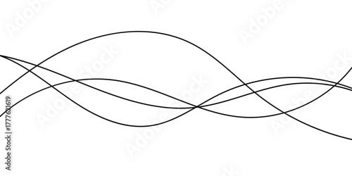 Abstract black flowing doodle lines. Isolated thin flowing wiggle lines on white background. Thin curved wavy line stripes on white background. EPS 10. 