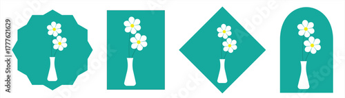 aster and chamomile flowers, white and yellow chamomile icons in various-shaped frames, a collection of different decorations