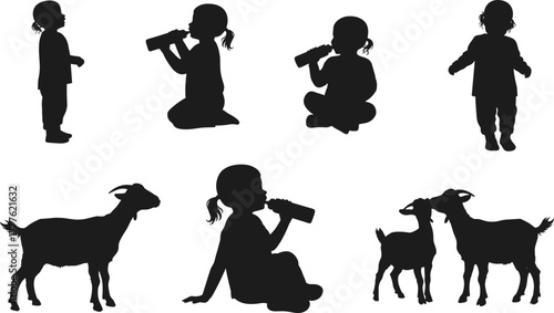 Children and goat silhouette, bottle feeding, rural interaction scene, black and white vector, cad drawing flat vector illustration