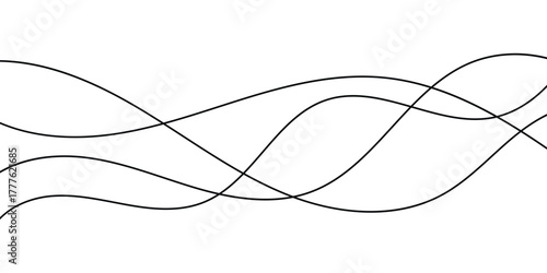 Abstract black flowing doodle lines. Isolated thin flowing wiggle lines on white background. Thin curved wavy line stripes on white background. EPS 10. 