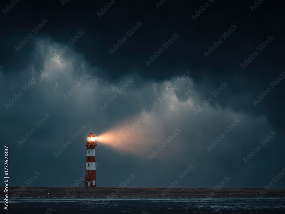 Obraz premium Dramatic Stormy Seascape Lighthouse Scene Beacon Light Cuts Through Dark Overcast Sky Rough Waters Below Guiding Ships Through Tempestuous Weather