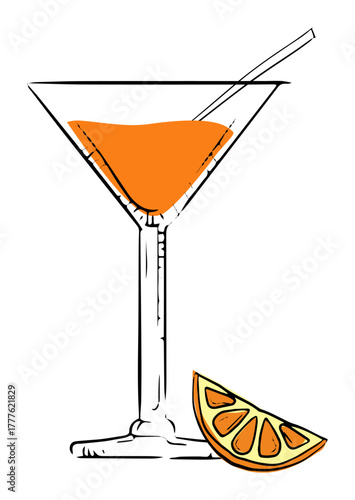 Hand-drawn style image of a martini glass with an orange cocktail and a citrus slice.