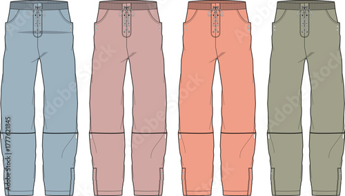 Vector illustration set of unisex convertible cargo pants with zip-off legs, presented as a technical fashion flat in multiple colorways