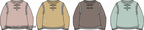 A colorful collection of classic long-sleeved henley shirts. Apparel design flat sketch for a casual wardrobe concept