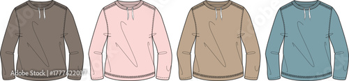 Set of four long-sleeved pullovers in different colors displayed on white background