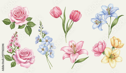 Elegant Watercolor Flower Collection Roses, Tulips, and Lilies for Floral Designs and Botanical Illustrations