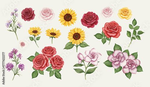 Vibrant Floral Collection Watercolor Illustrations of Roses, Sunflowers, and Mixed Blooms for Artistic Design