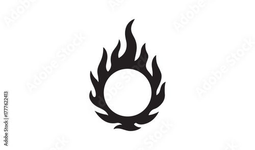 Black silhouette of a flaming oval mirror or portal on a white background