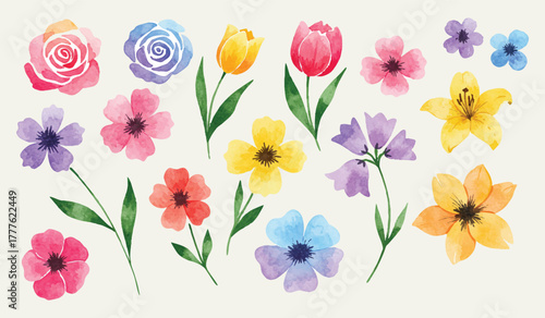 Vibrant Watercolor Floral Collection A Beautiful Assortment of Hand-Painted Blossoms in Various Colors and Shapes, Perfect for Decorative Art and Design Projects