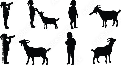 Children and goat silhouette, farm interaction scene, bottle feeding, black and white vector, cad drawing flat vector illustration