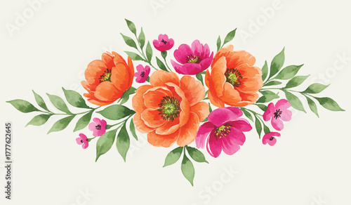 Vibrant watercolor floral bouquet illustration featuring bright orange and fuchsia blossoms with lush green leaves. An elegant hand-painted botanical arrangement, perfect for spring designs and nature