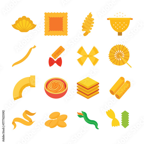 Collection of flat design italian pasta shapes and food icons