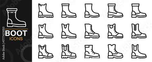 Modern line art icons of trekking, combat, and safety boots for apparel design