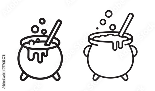 Two cartoon cauldrons bubbling with a spoon and steam illustration
