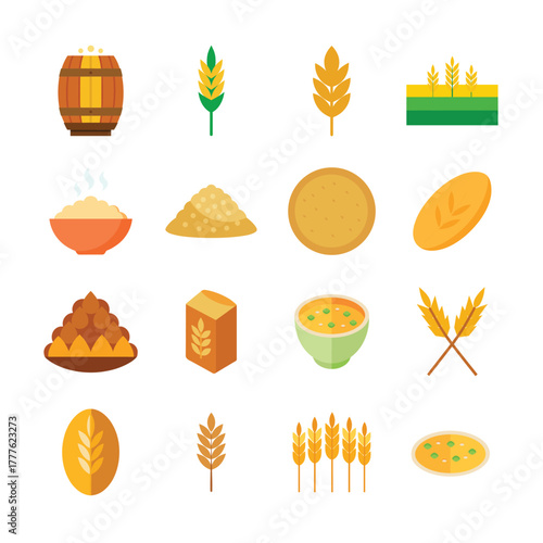 Collection of flat design icons representing grain and bread products