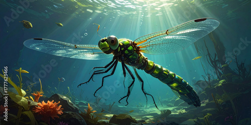 Fototapeta Naklejka Na Ścianę i Meble -  Majestic prehistoric aquatic insect soaring through sunlit ocean depths amidst vibrant coral reefs, showcasing ancient life in a captivating underwater ecosystem
