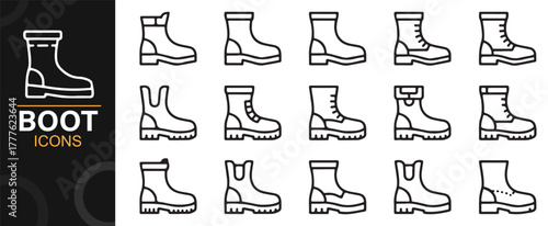 Minimal vector icons of boots and footwear in modern line art style