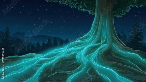 Large tree with glowing roots under a starry night sky