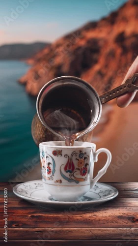 Serving traditional Turkish coffee with Kaputaş Beach view in Kaş, Antalya