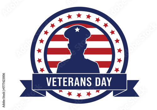 Patriotic Veterans Day emblem with a soldier silhouette against an American flag background with stars.