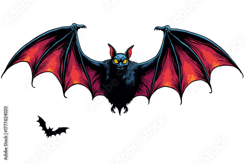 Bat flying in the sky with outstretched wings and a mischievous expression