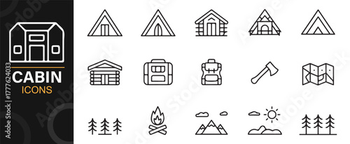 Modern minimal line icons of outdoor adventure, forest cabins, and travel tools