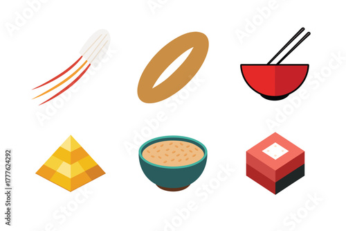 Set of six isometric food icons on white background