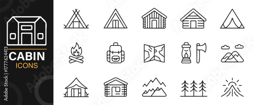 Outdoor camping and cabin icon collection in clean minimal vector style