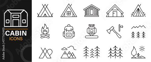 Line art icons of forest lodges, mountains, and camping adventure elements