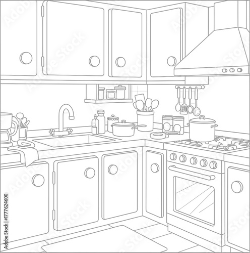 Kitchen Interior Illustration - Line Art, Coloring Page, Home, Cooking, Vector