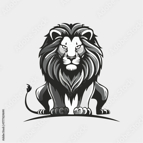 A majestic lion head in grayscale, facing forward, with detailed mane