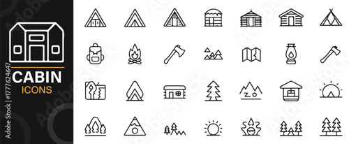 Vector pack of nature cabins, tents, and outdoor camping tools for travel design