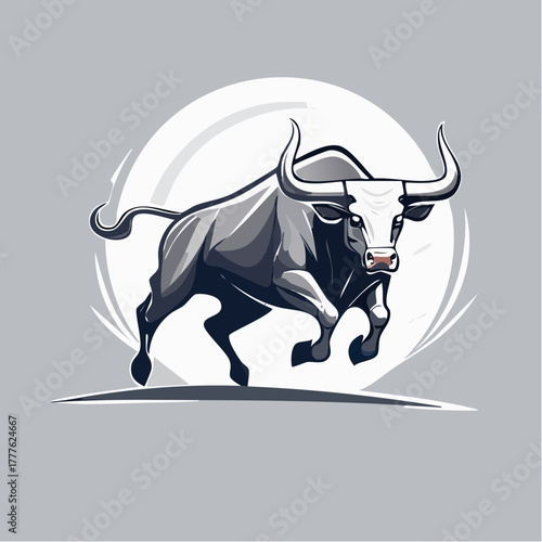 A stylized illustration of a bull with grey, white and black tones on a light grey background