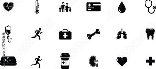 Collection of medical and healthcare icons on a white background representing health services