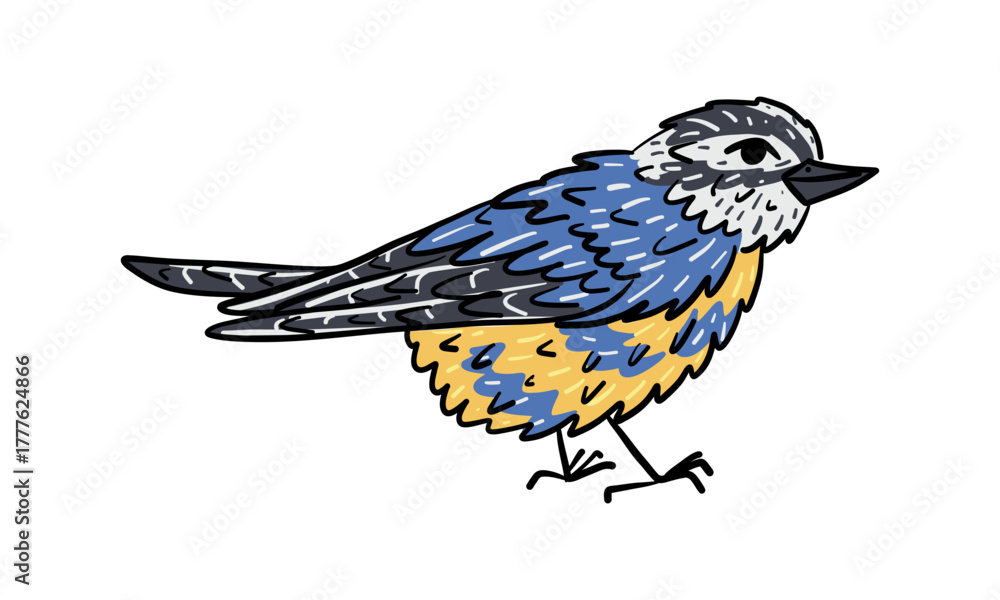 Fototapeta premium Hand-drawn bird with black outline, color illustration of fluffy yellow-blue bird. The bird is standing sideways. isolated wildlife object, perfect for stickers, prints, textiles, naturalistic designs