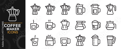 Vector icons set of coffee brewing tools, kettles, and beverage cups