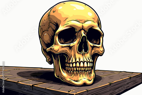 Golden skull resting on a wooden table against a clean background