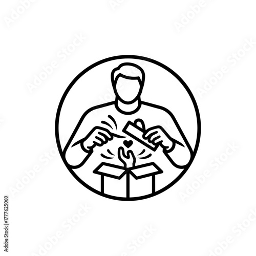 Dad opening gift box with heart symbol inside in minimalist style  