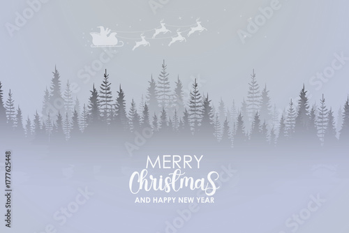 Misty Winter Forest with Santa's Sleigh and Christmas Greeting